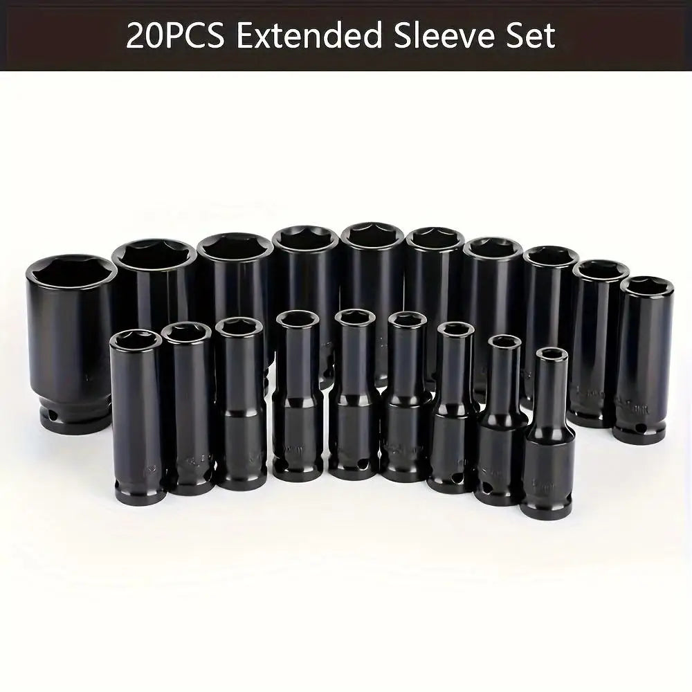 Heavy Duty 1 2 Inch Drive Hex Sleeve Set 20 Piece 8 32Mm Black Finish product image showing features or usage