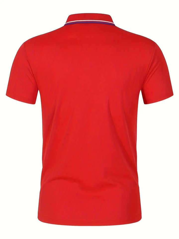 SmartGearPros Men's Polo Shirt back view in red, breathable polyester polo shirt with button collar.