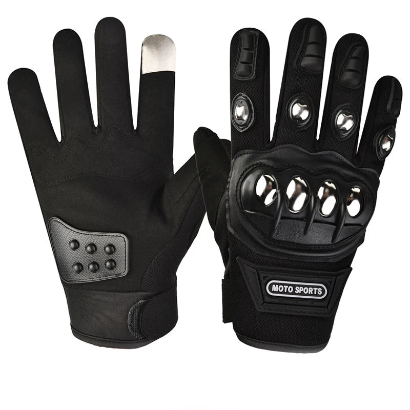 Black motorcycle gloves with touch screen tips on a white background