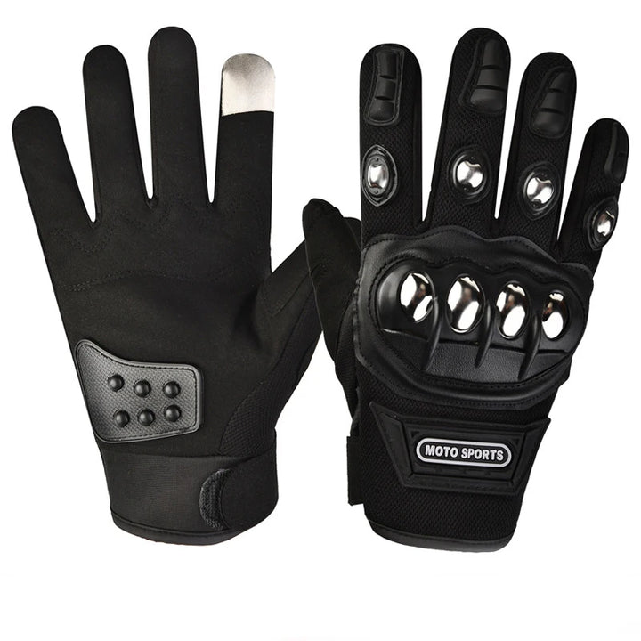 Black motorcycle gloves with touch screen tips on a white background
