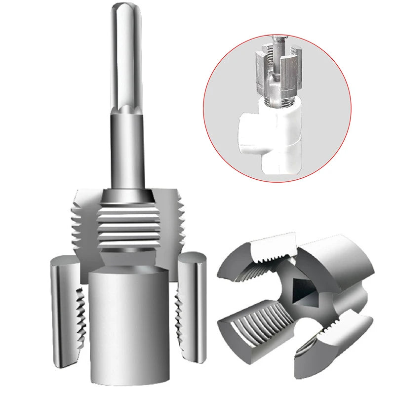 Metal drill bit with close-up inset on a white background