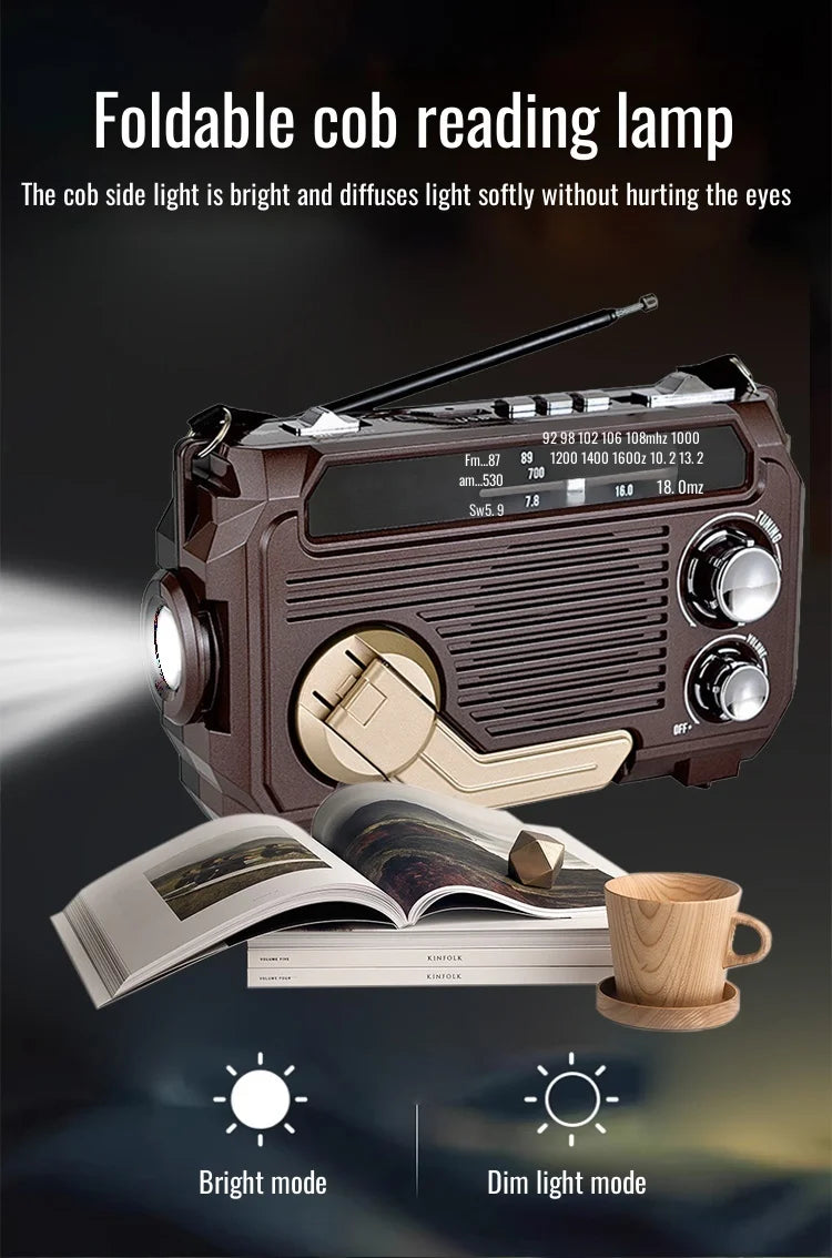 Foldable cob reading lamp with radio and light features on a dark background