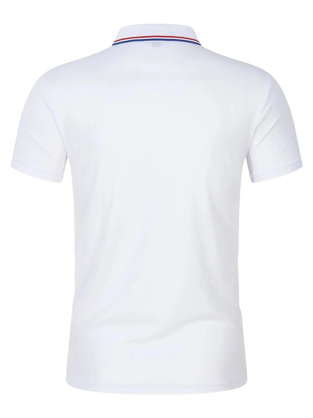Back view of SmartGearPros breathable polyester polo shirt in white with button collar and colored stripes.