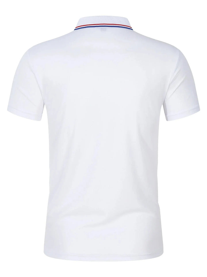 Back view of SmartGearPros breathable polyester polo shirt in white with button collar and colored stripes.