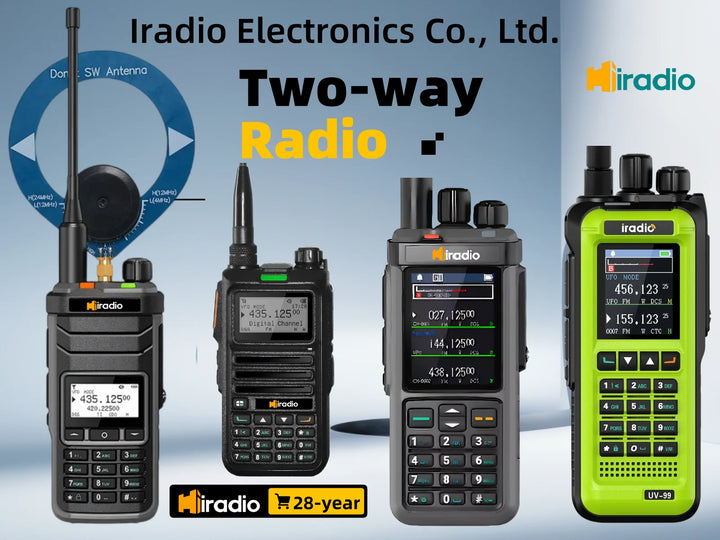 Four two-way radios from Iradio Electronics Co., Ltd. on a light blue background.
