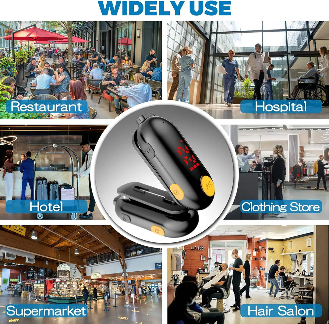 Collage of a timepiece with text indicating its use in various settings like restaurant, hospital, hotel, clothing store, supermarket, and hair salon.