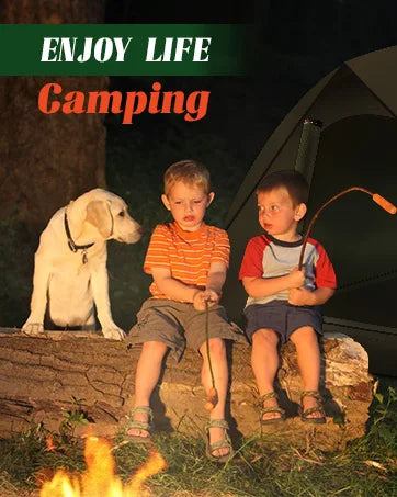 Two children and a dog sitting by a campfire with a tent in the background, text 'Enjoy Life Camping' at the top.