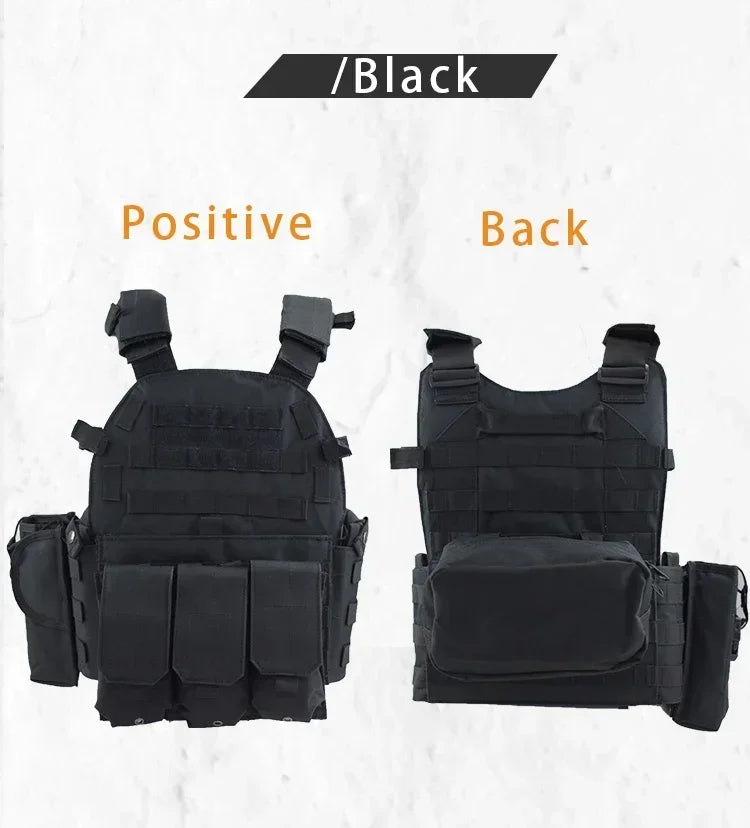 Black tactical vest shown from front and back on a white background