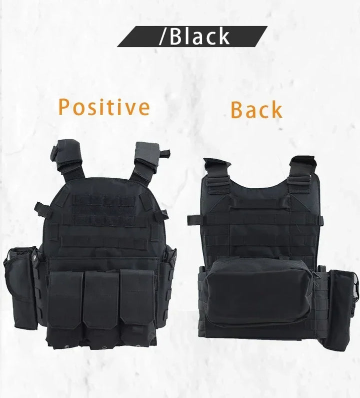 Black tactical vest shown from front and back on a white background