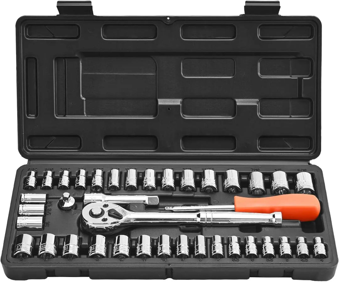 Open tool case with socket set and wrench on a black background