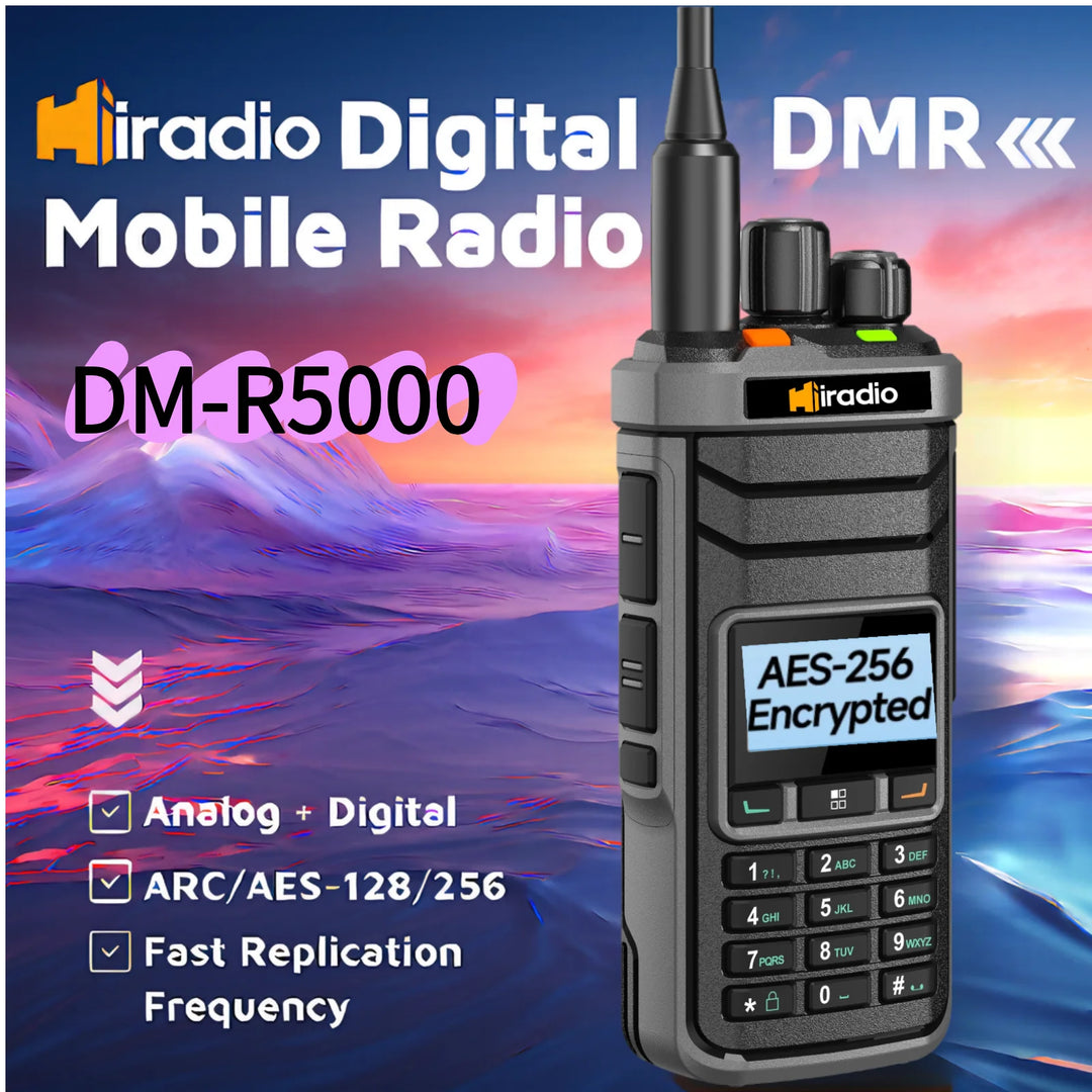 Digital mobile radio with encryption features on a colorful background