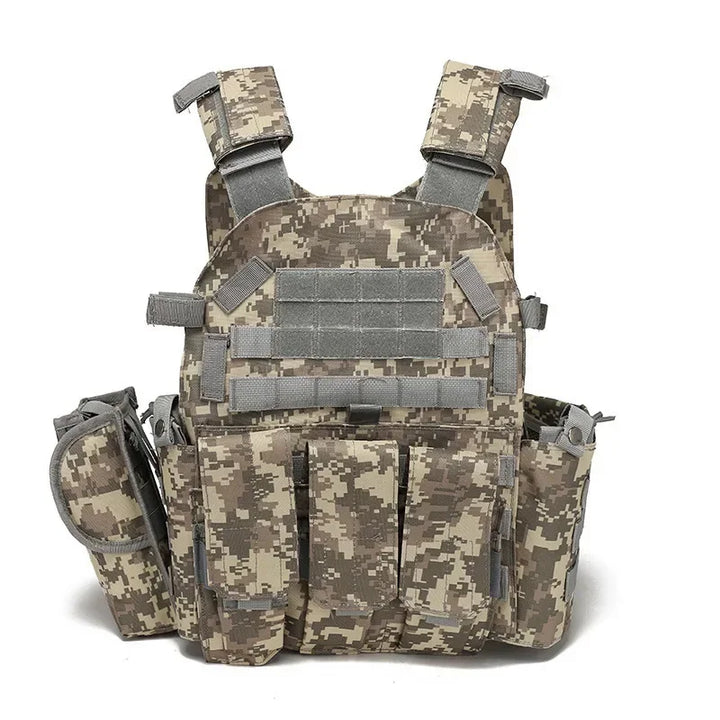 Camouflage tactical vest with multiple pockets and straps on a white background