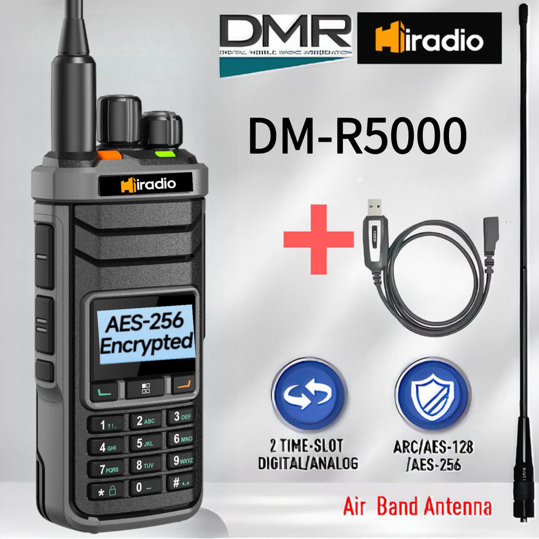 Miradio DM-R5000 walkie-talkie with accessories on a gray background