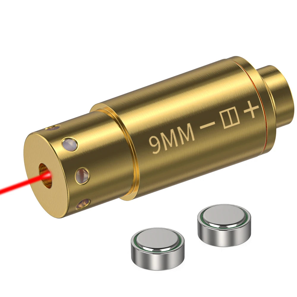 Gold cylindrical laser device with '9MM' marking and two batteries on a white background