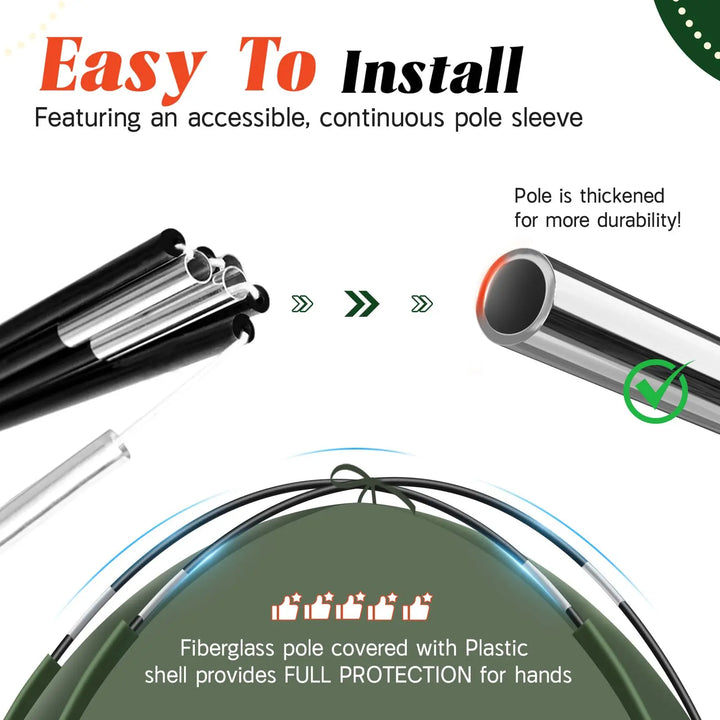 Pole system with text highlighting ease of installation and durability, featuring a green background.