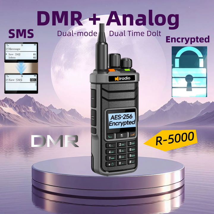 Radio communication device with 'DMR + Analog' text and mountain landscape background