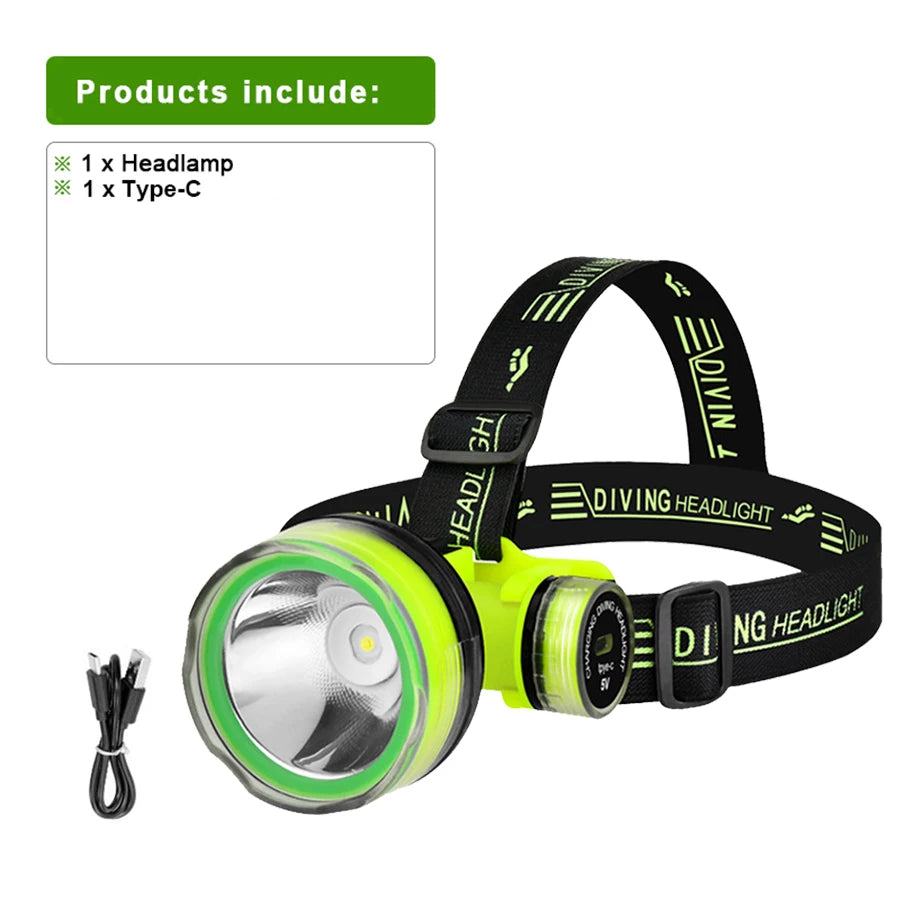 Professional Diving Led Headlamp Portable Rechargeable Usb Diving 500M Underwater Headlight Diver Spearfishing Head Flashlight product image showing features or usage