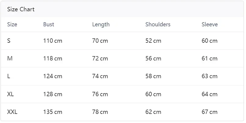 Size chart for clothing with measurements in centimeters