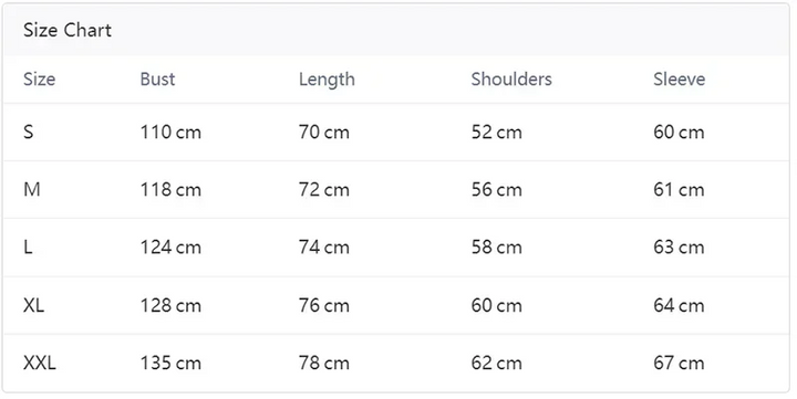 Size chart for clothing with measurements in centimeters