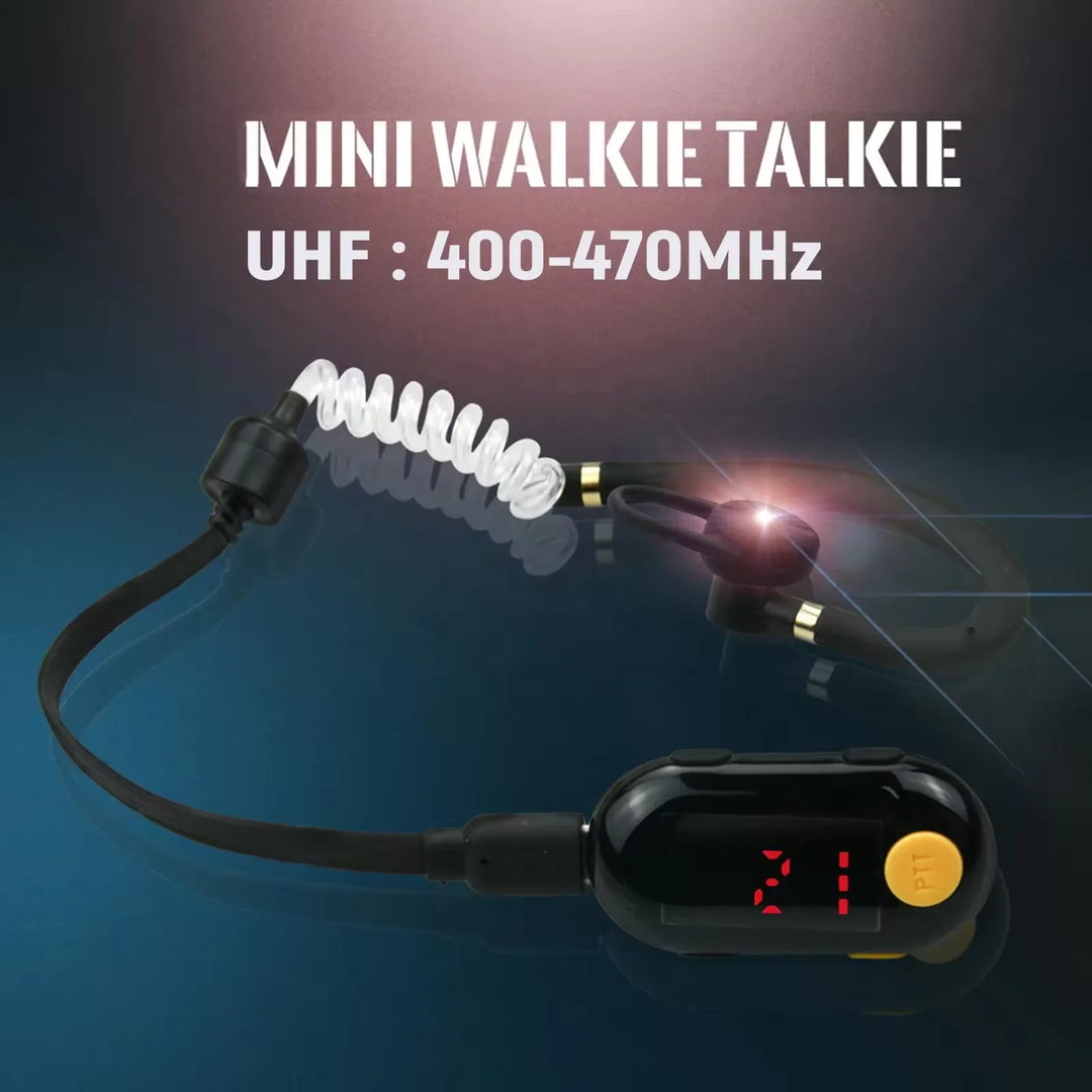 Mini walkie talkie with coiled antenna on a dark background