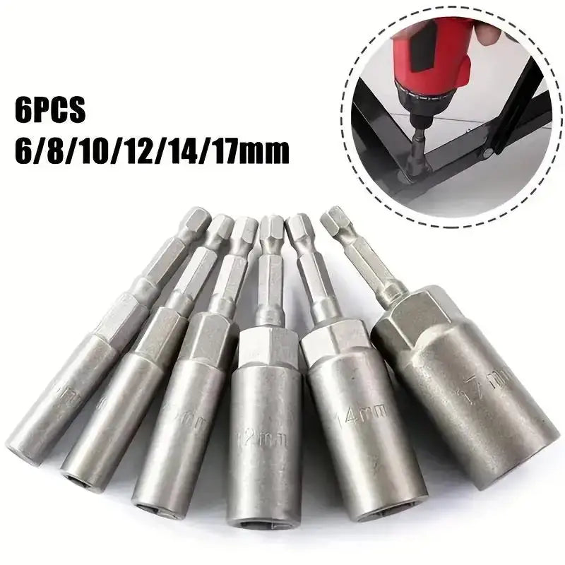 A set of six silver-colored magnetic screwdriver bit adapters in sizes ranging from 6mm to 17mm, displayed in a row with the shortest size furthest to the left and the largest furthest to the right. A inset image shows an electric drill using one of the adapters to drive a screw into a piece of wood.