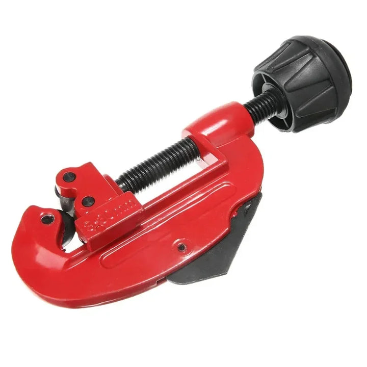 Red pipe cutter with black handle on a white background
