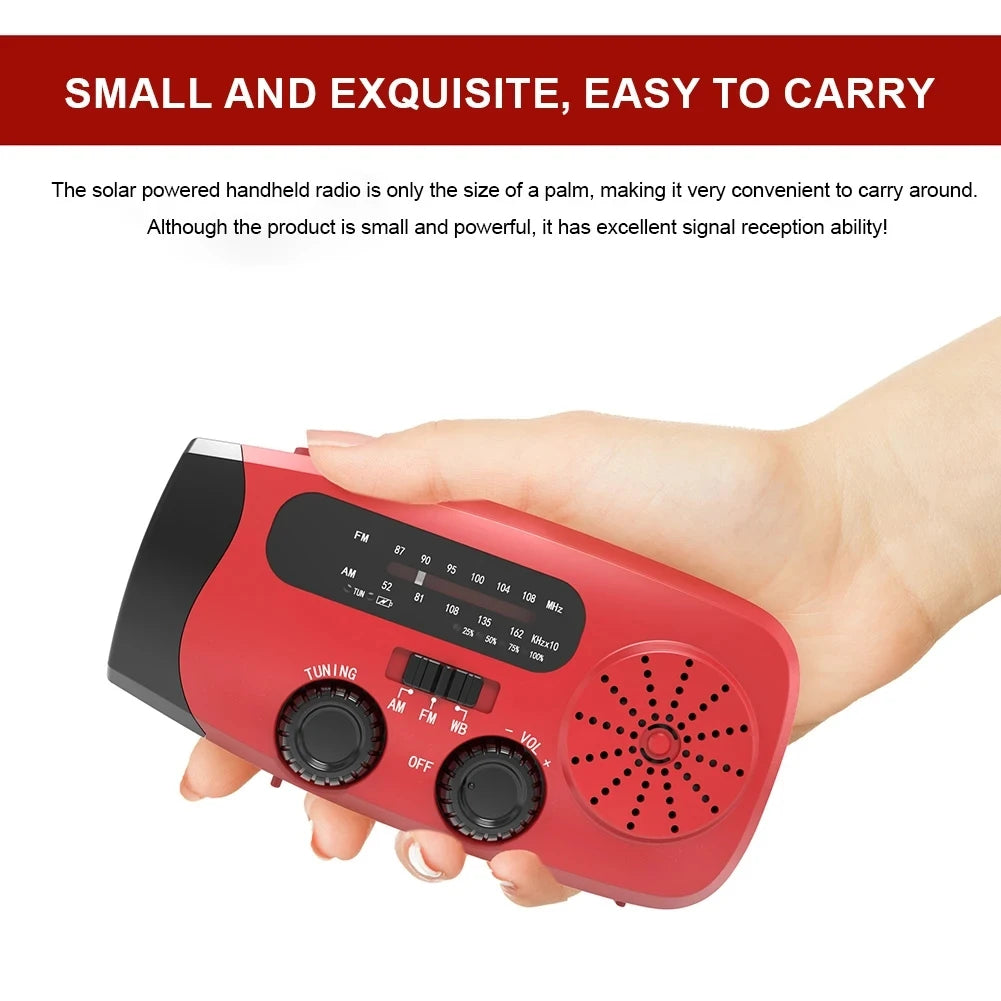 Red handheld radio held in a hand with text highlighting its small size and ease of carrying.