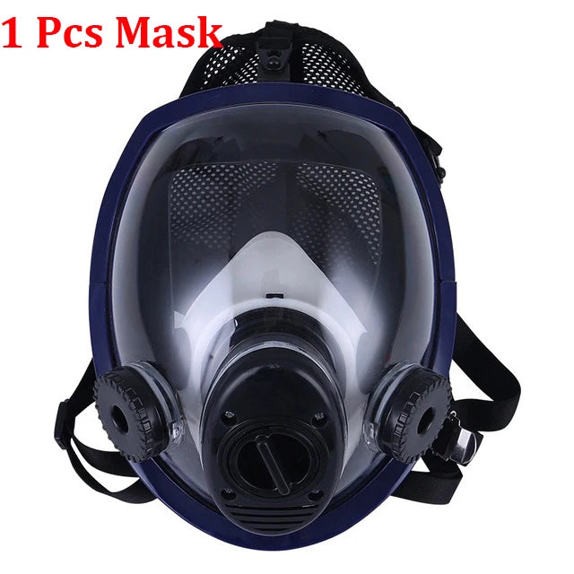 Full-face safety mask with clear visor on a white background