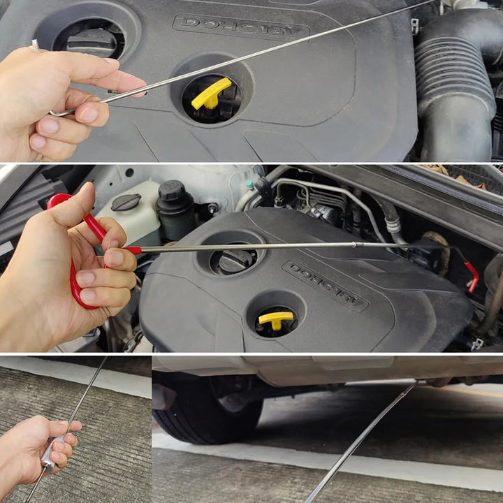 Collage of a person checking car oil with an oil dipstick, showing close-up and side views.