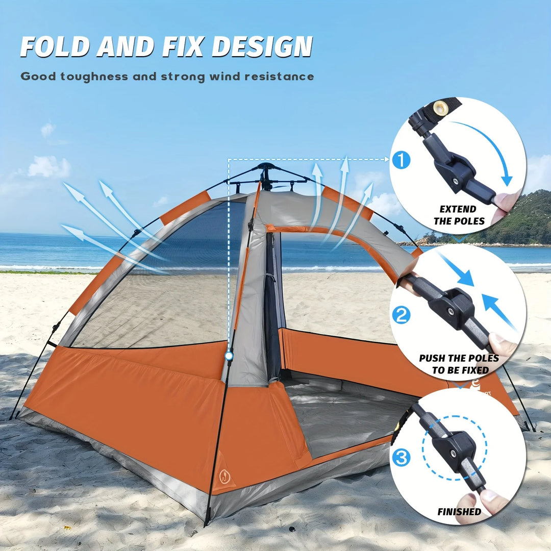 Camping tent with beach and ocean view, featuring a fold and fix design.