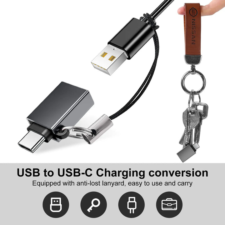 USB to USB-C charging conversion device with anti-lost lanyard on a white background
