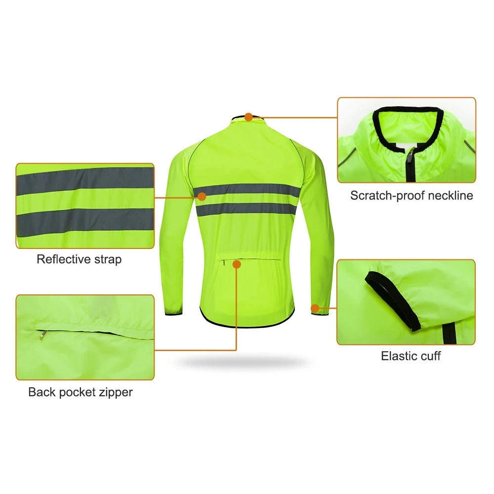 Green cycling jacket with features highlighted on a white background