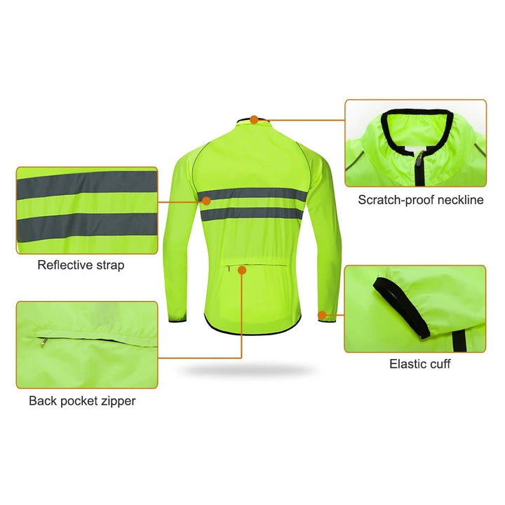 Green cycling jacket with features highlighted on a white background