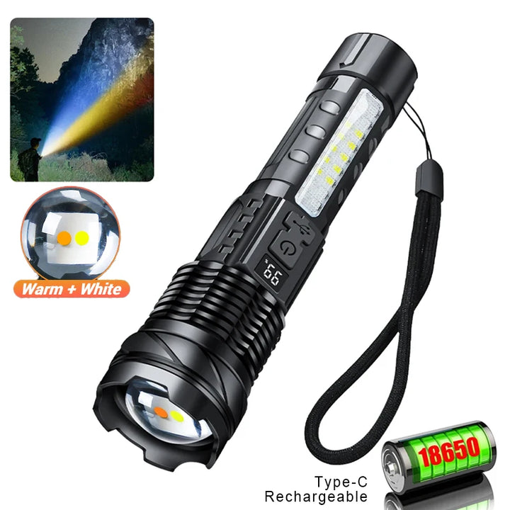 Powerful Xhp50 Led Flashlight Waterproof 18650 Torch With Side Light 7 Modes Camping Fishing Lantern Usb Rechargeable Zoom Lamp product image showing features or usage