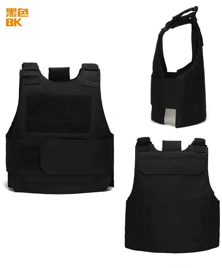 Black tactical vests and pouches on a white background