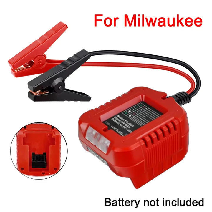 Red battery charger with clamps for Milwaukee tools on a white background