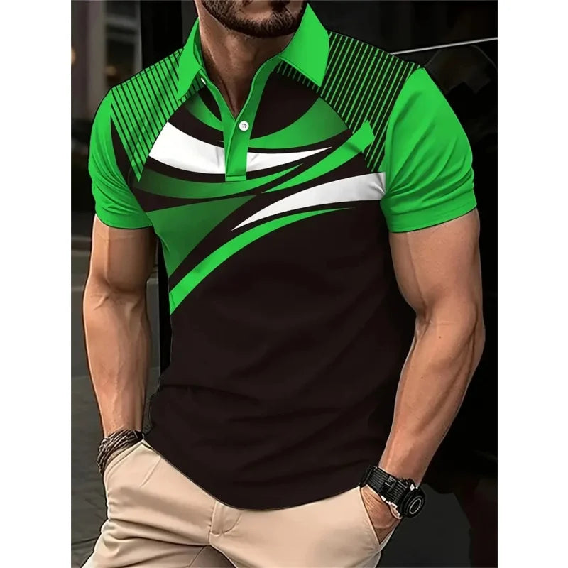 SmartGearPros 3D Printed Colorful Striped Polo Shirt – Geometric Pattern