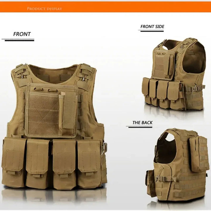 Tan tactical vest shown from front, side, and back on a white background
