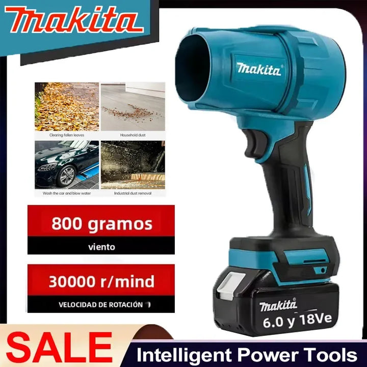 Makita cordless drill with cleaning applications and specifications on a white background