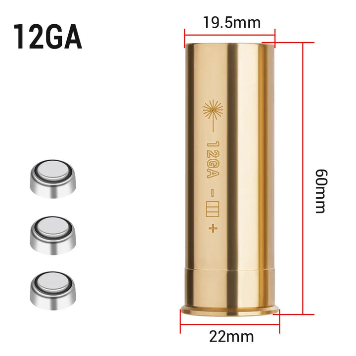 Gold shotgun shell with measurements on a white background