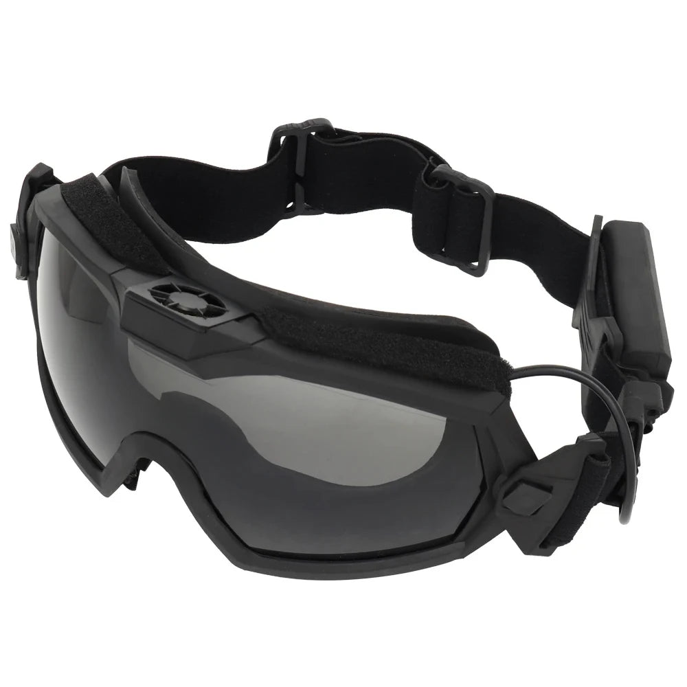 Black goggles with a strap on a white background