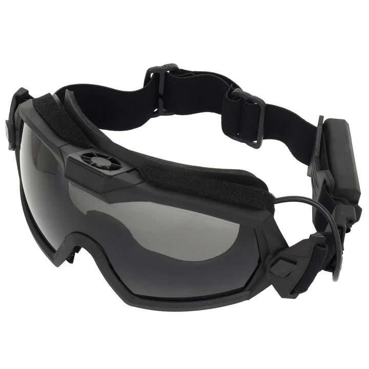 Black goggles with a strap on a white background