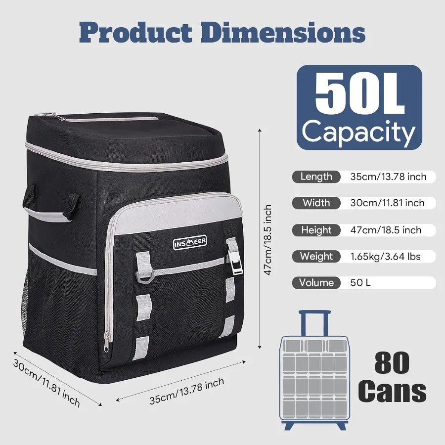 Black cooler bag with dimensions and capacity details on a white background
