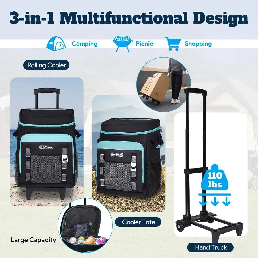 Multifunctional rolling cooler with hand truck, suitable for camping, picnics, and shopping.