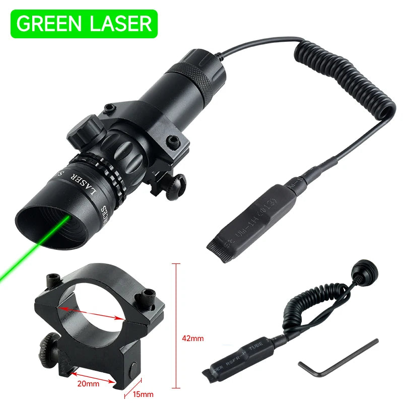 Tactical green laser sight with mounting bracket and coiled cable on a white background