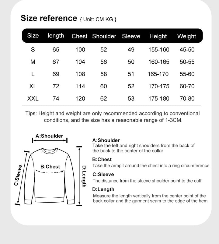 Size reference chart for clothing with measurements in centimeters and kilograms.