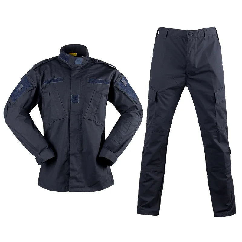 Navy blue jacket and pants set on a white background