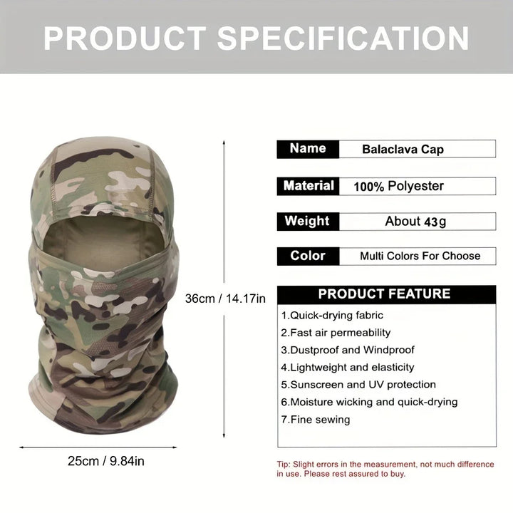 Camouflage balaclava cap with product specifications on a gray background