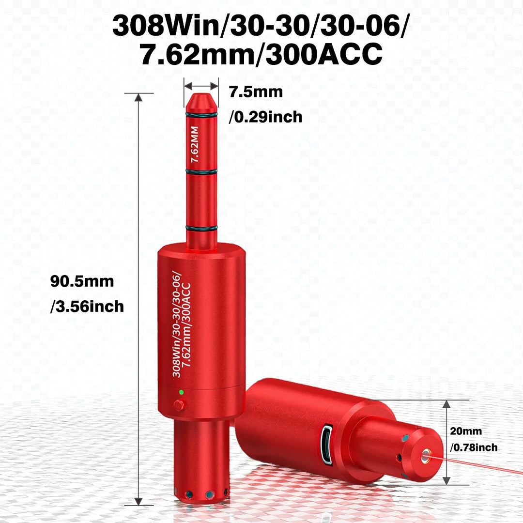 Red laser sight with measurements on a white background