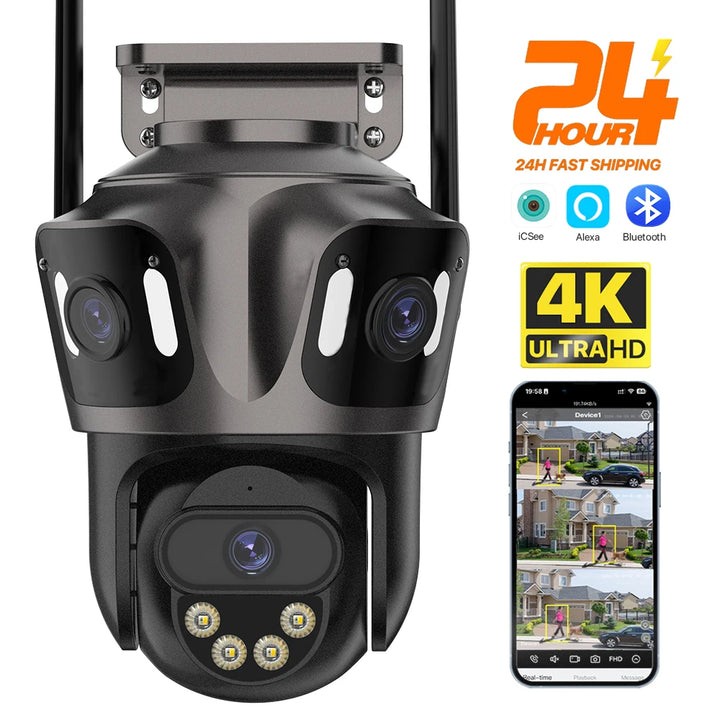 SmartGearPros TriSecure 4K WiFi Camera - AI Motion Tracking 3-Screen Security